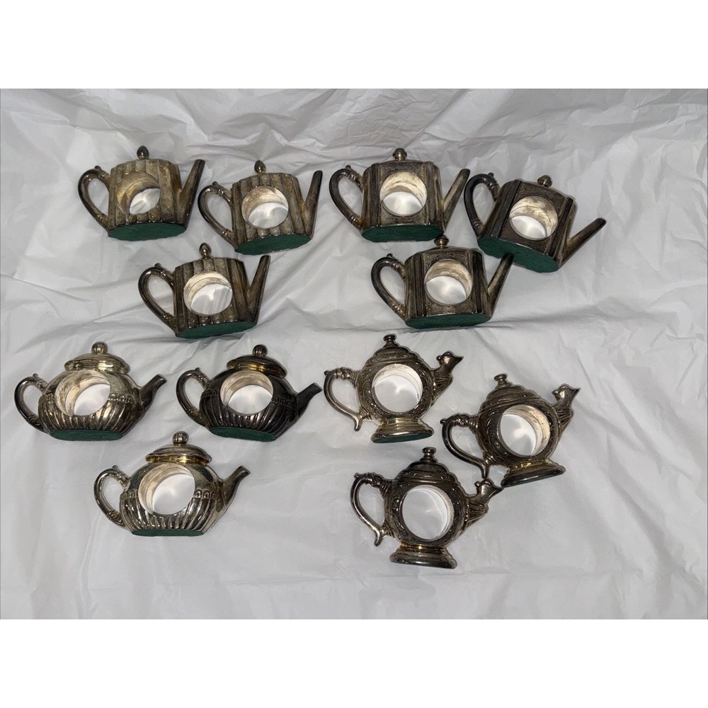 Godinger 1994 Silver Plated Teapot Napkin Rings Set Of 12 4 Design Pattern